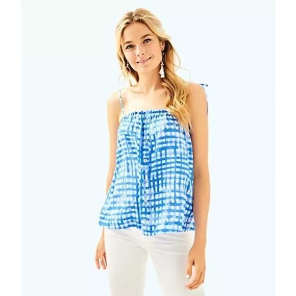 Lilly Pulitzer Tops - Lilly Pulitzer Silvana Tie-Sleeve Tank Gingham Check Watercolor Blue – Size XS